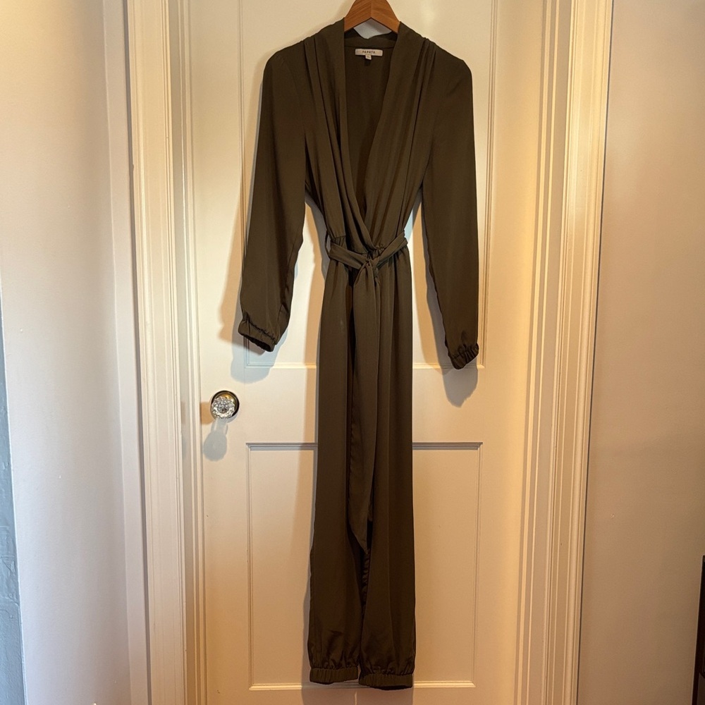 Papaya V neck long sleeve stretchy waistband belted jumpsuit in olive green